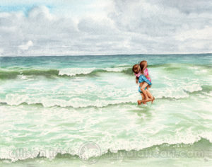 A watercolor painting of waves washing in from the ocean. A young girl in a swimsuit is holding an even smaller girl in her arms as they play in the waves.